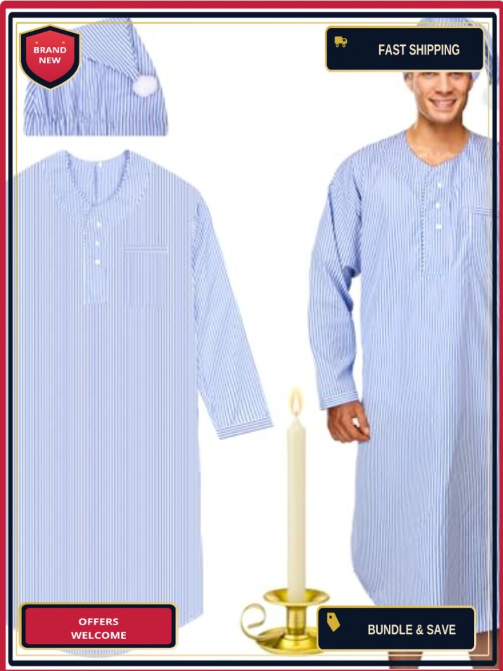 Men's Christmas Pajama Set Nightgown Cap Candle Holder 4 Pc